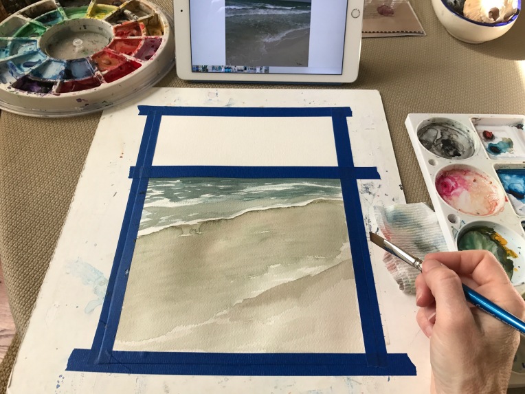 The start of a beach painting in watercolor