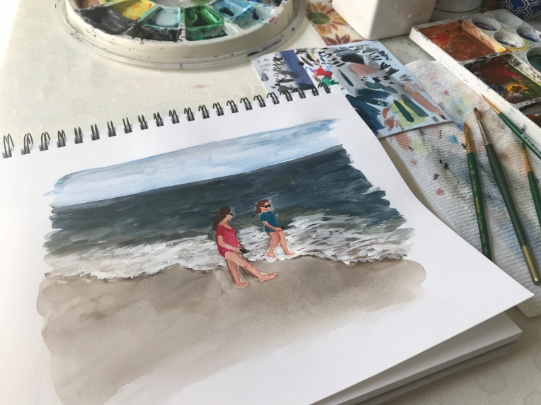 Watercolor sketch figures walking along the shore by Eileen McKenna