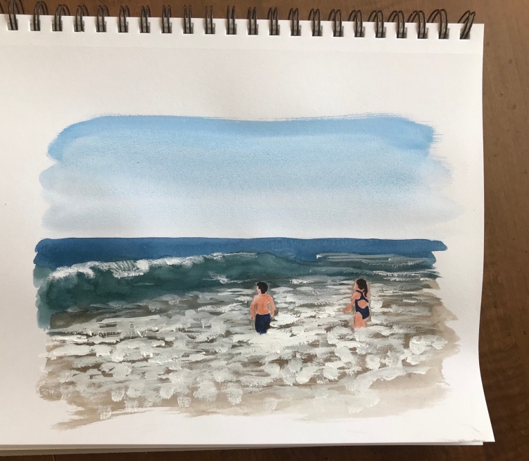 Ocean lifeguards going for a dip Watercolor Sketch