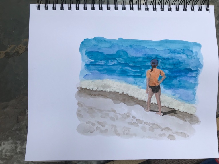 Watercolor sketch figure walking along the shore by Eileen McKenna